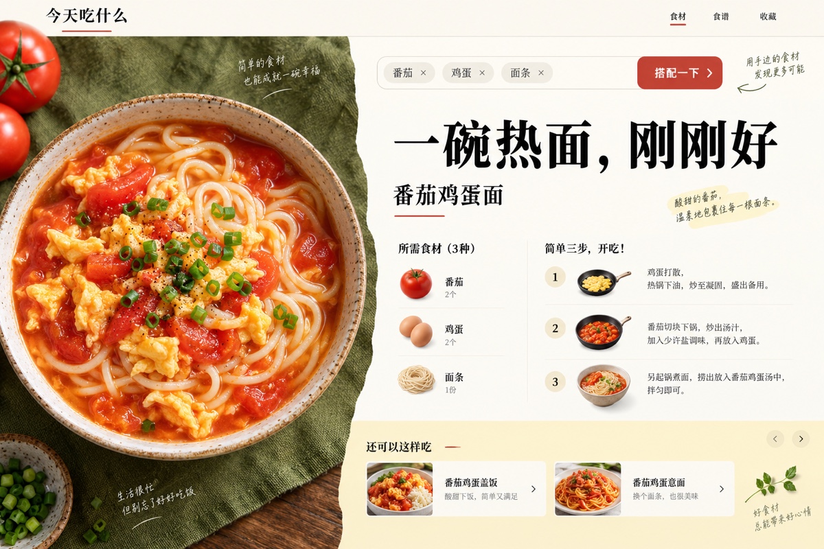 日常食谱应用界面示意：选择已有食材，查看推荐食谱与烹饪步骤