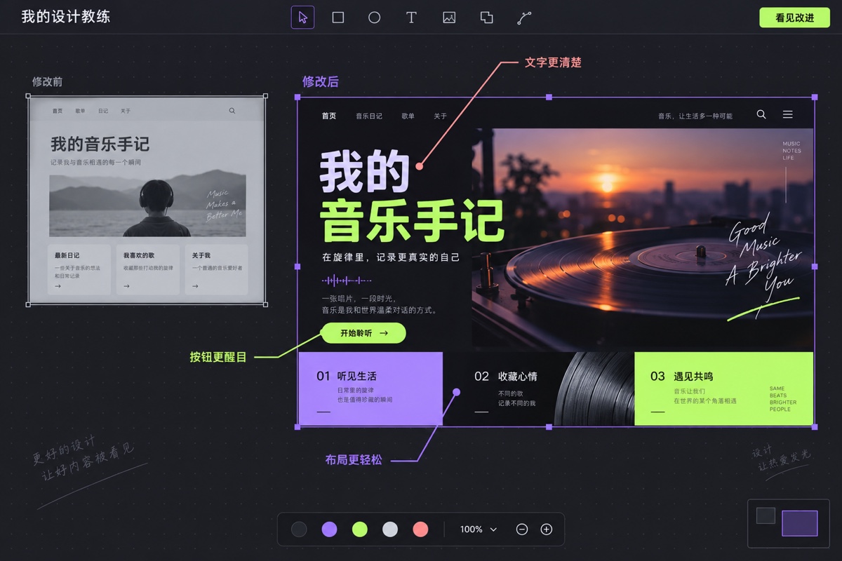 网页设计教练界面示意：修改前后对照，以及文字、布局和按钮的改进建议