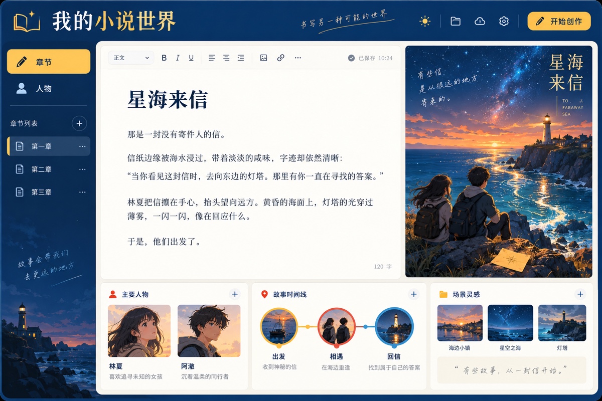 小说创作界面示意：章节编辑、人物卡、故事时间线与星海来信封面