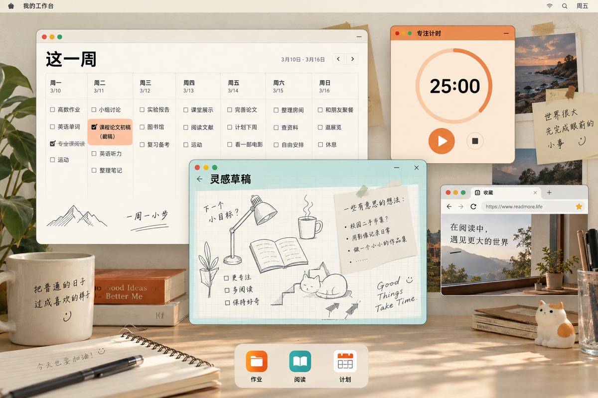 个人学习桌面界面示意：周计划、灵感草稿与专注计时器